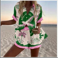 Fashion Lapel Short-sleeved Single-breasted Shirt Top + Shorts 2-piece Set Women Elegant Summer Print Loose Casual Suit Female