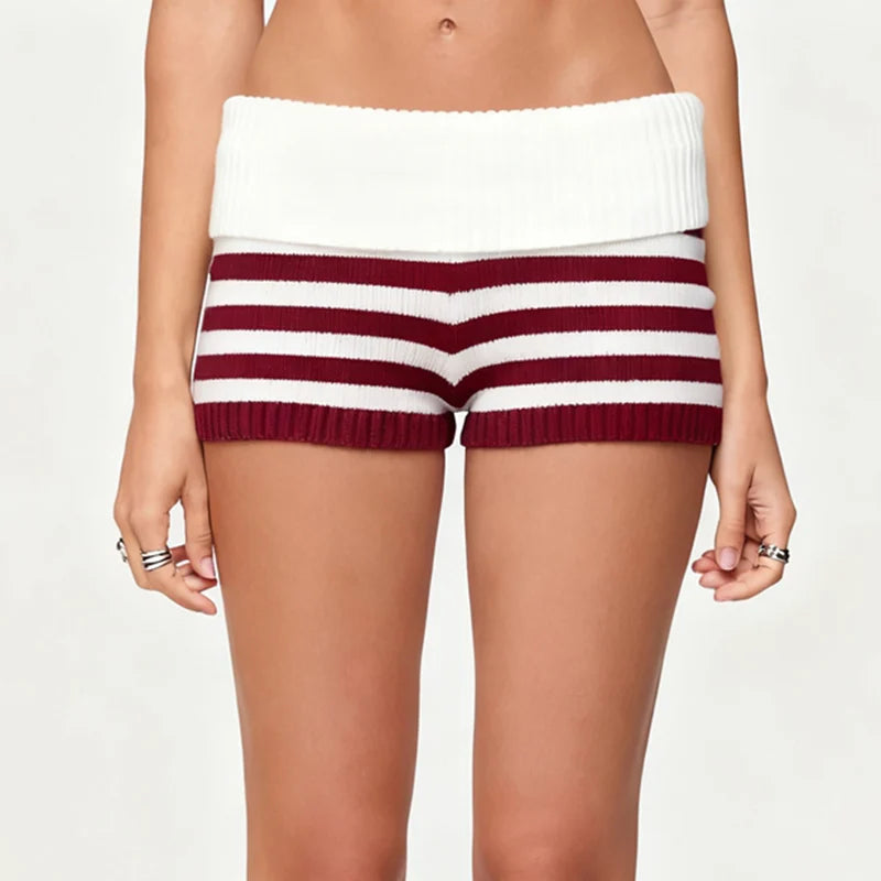 Women Striped Knitted Micro Shorts Folds Over Low Waist Elastic Waist Slim Fit Mini Bottom Pants Y2k Lounge Sweater Shorts