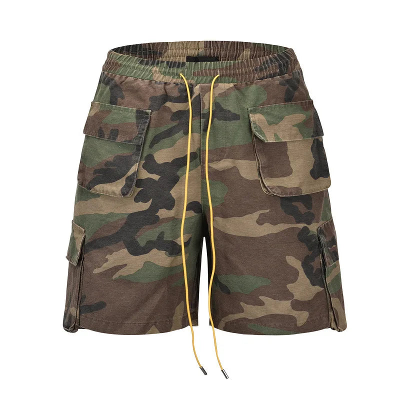 2025 New High Street Trend Drawstring Tie Waist Washed Vintage Casual Camouflage Multi Pocket Cargo Shorts