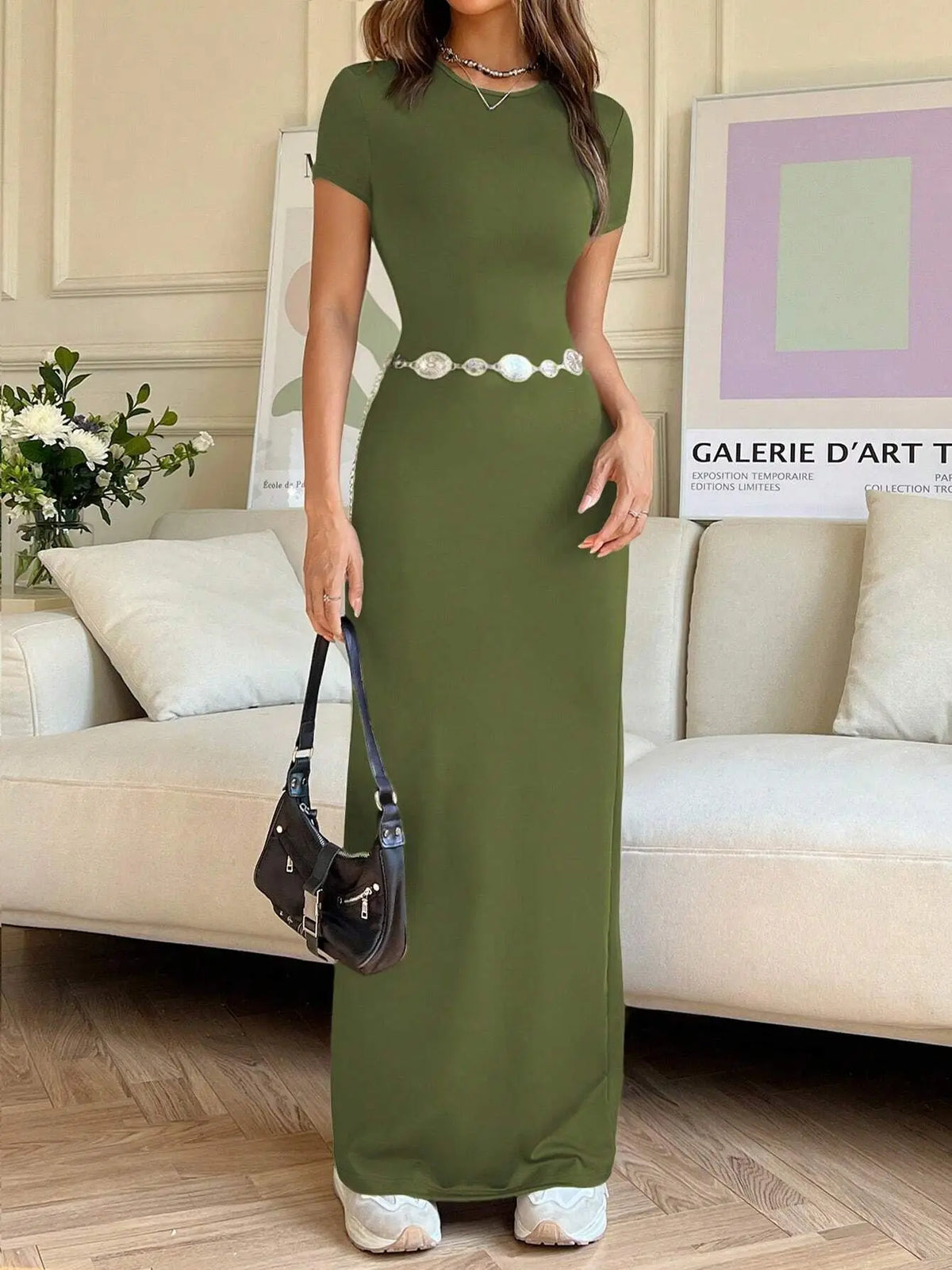 Short-sleeved Solid Color Slim Sexy Waisted Spring And Summer Temperament Dress Women's Round Neck Elegant Long Dress For Dinner