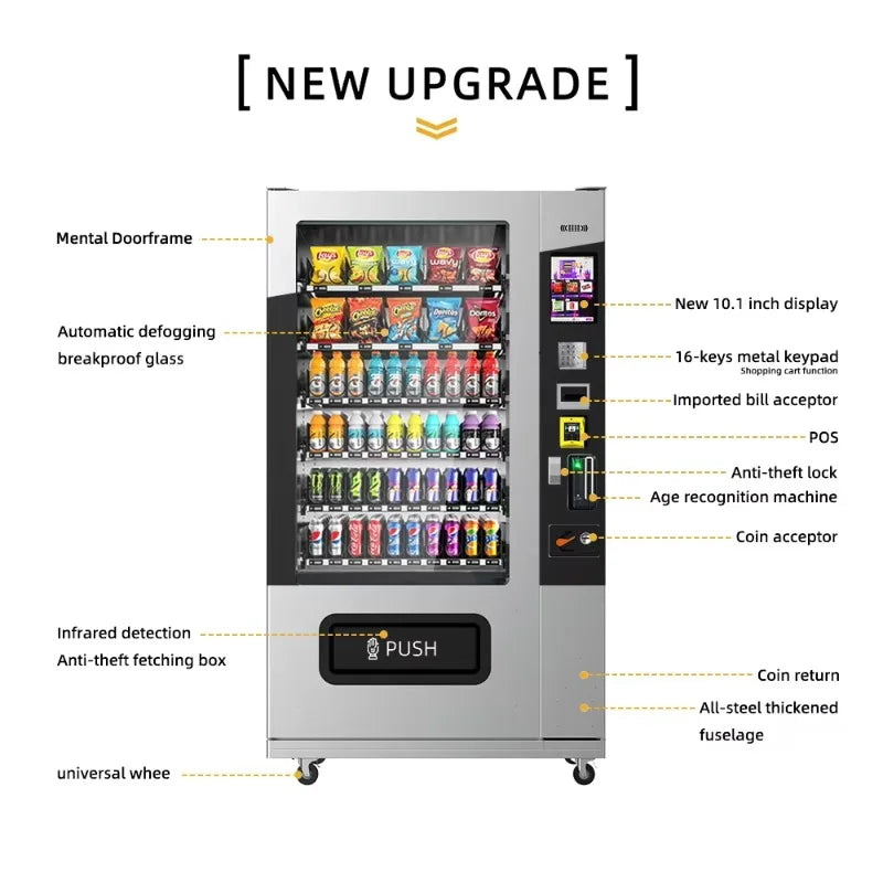 Vending Machine for Foods and Drinks 10 Inch Touch Screen Supports Card Cash and Coin Payment Popular in Europe and America