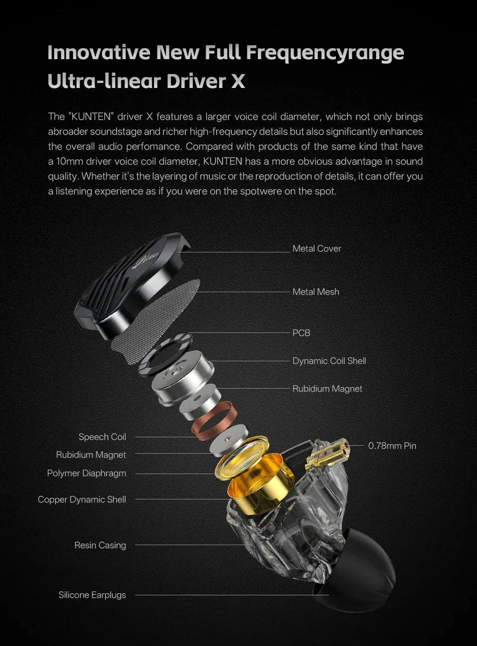 Gk Kunten 1DD Dynamic Drive Earphone Hifi IEMs In Ear Earbuds 2pin Detachable Cable Metal Gamer Headset