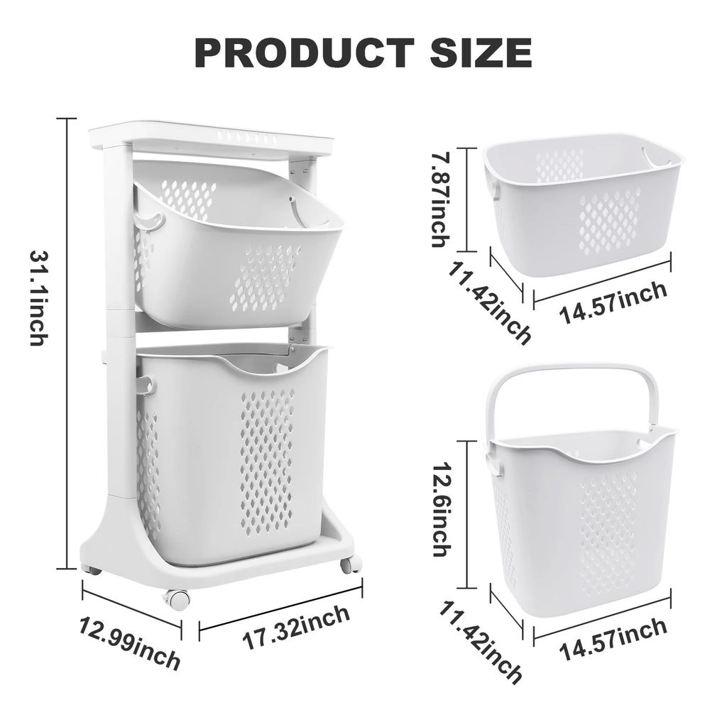 2/4 Tier Laundry Basket Cart Removable Rolling Cart Storage Buckets Plastic Hamper with 4 Wheels Organizer Portable Sort