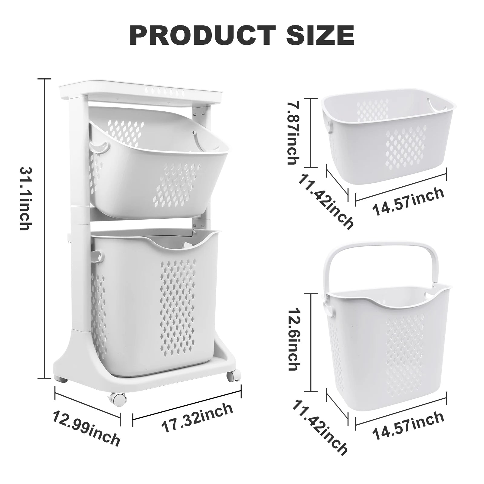 2/4 Tier Laundry Basket Cart Removable Rolling Cart Storage Buckets Plastic Hamper with 4 Wheels Organizer Portable Sort