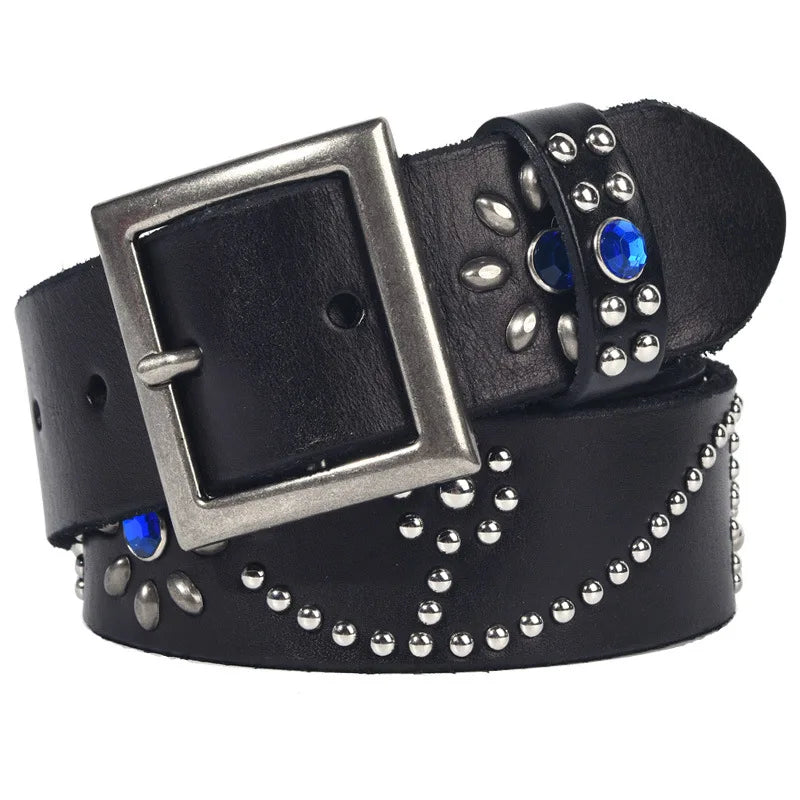 Men High Quality Pure Cowhide Belt Genuine Leather Strap Male Luxury Pin Buckle Diamond-studded Rivets Jeans Belts for Women