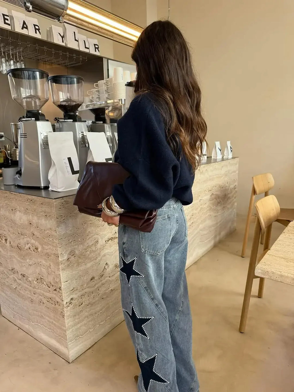 Women Blue Wide Leg Jeans Lady High Waist Star Patchwork Denim Pants Loose Fit Straight Leg Trousers 2026 New Casual Street Wear