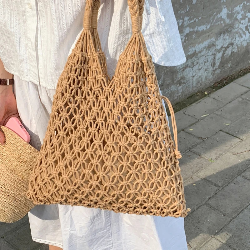 Hollow Crochet Mesh Woven Shoulder Bag With Inner Pocket,Women Solid Color Handbag,Summer Work Beach Vacation Commuting Tote Bag