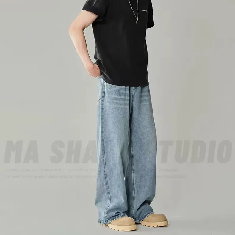 Spring Autumn Men's New Denim Pants Old Blue Washed Casual Jeans Menwear Loose New Fashion Contrasting Color Wide Leg Trousers