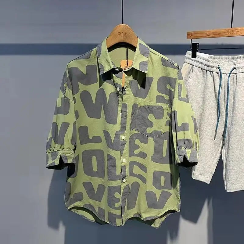 2024 Summer Trendy Men's Fashionable Lapel Full Body Letter Print High-end Versatile Casual Loose Oversized Short Sleeved Shirt