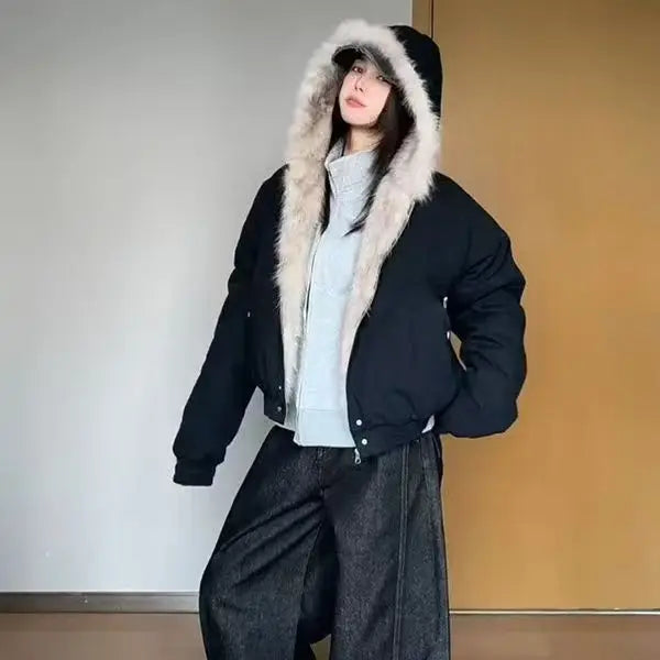 winter retro american woolen collar hooded cotton jacket thick plush top men street hip hop gothic harajuku oversize jacket coat