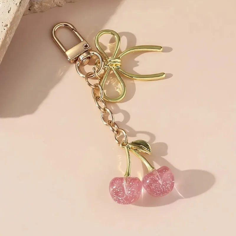 Classic Red Cherry Bow Pendant Keychain for Women Bag Decoration Car Key Chain Fashion Key Rings Party Gift Keychain Accessories