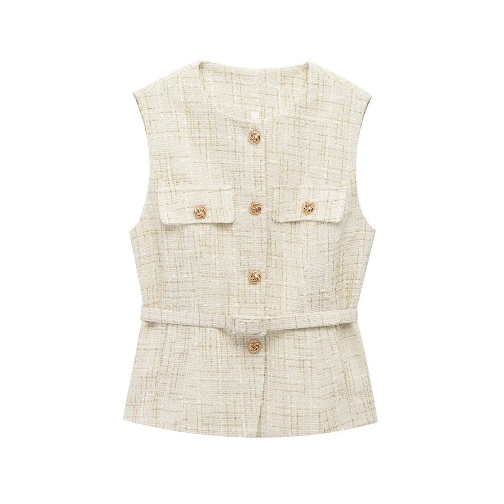 KONDALA Vintage Belt Twist Waistcoats Women O Neck Sleeveless Gold Button Vest Fashion 2025 Spring Summer Office Lady Blazer Top