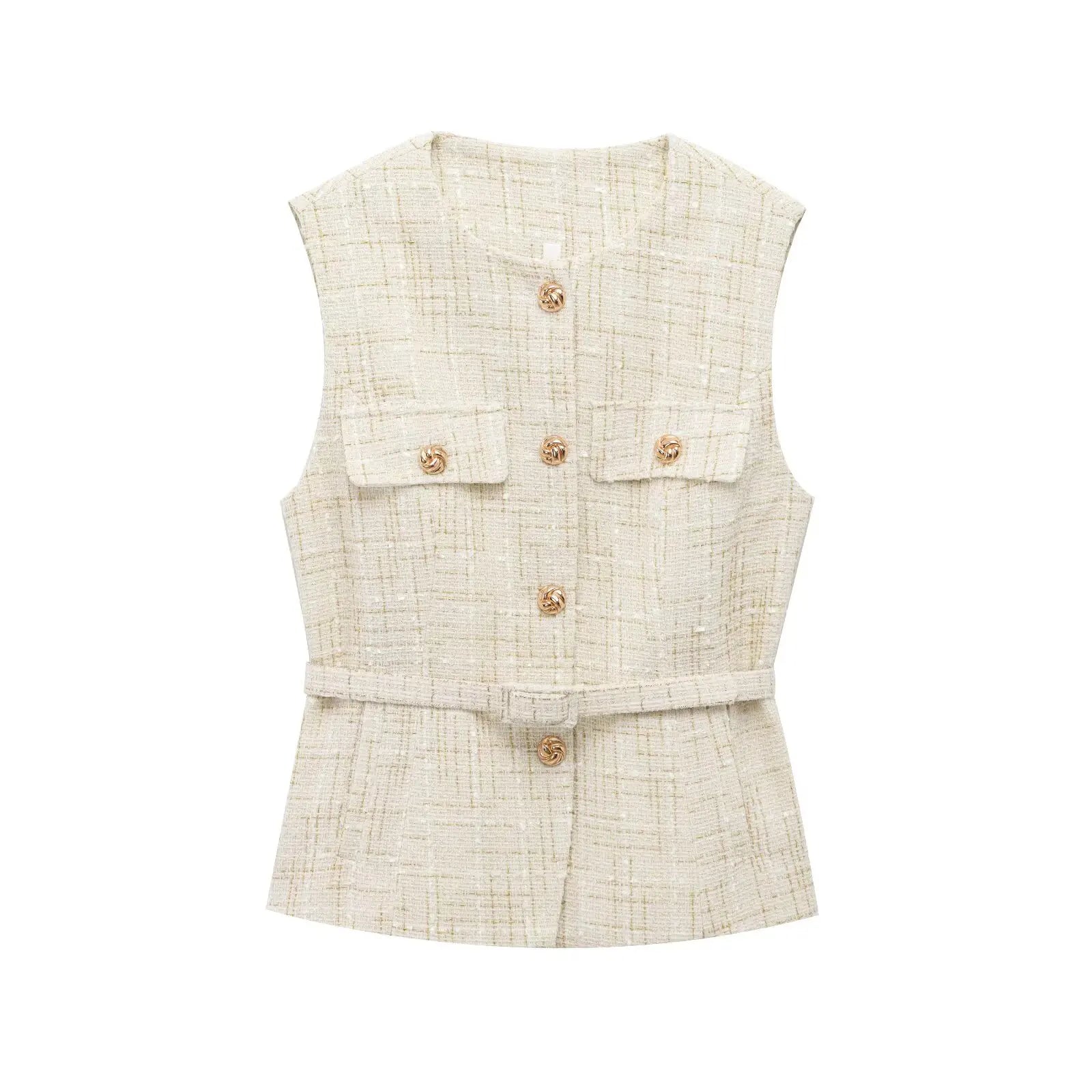 KONDALA Vintage Belt Twist Waistcoats Women O Neck Sleeveless Gold Button Vest Fashion 2025 Spring Summer Office Lady Blazer Top