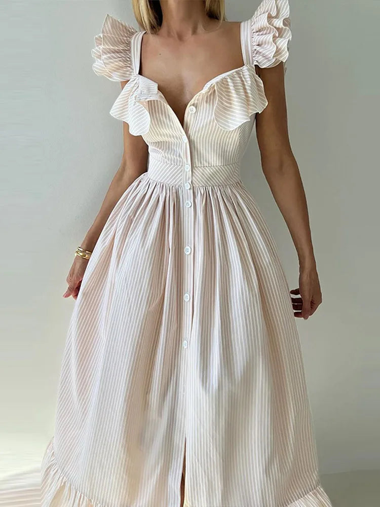 Fashionable Striped Ruffle Pleated Women's Dress Elegant Solid Square Neck Single Button Dresses Female Summer Chic Casual