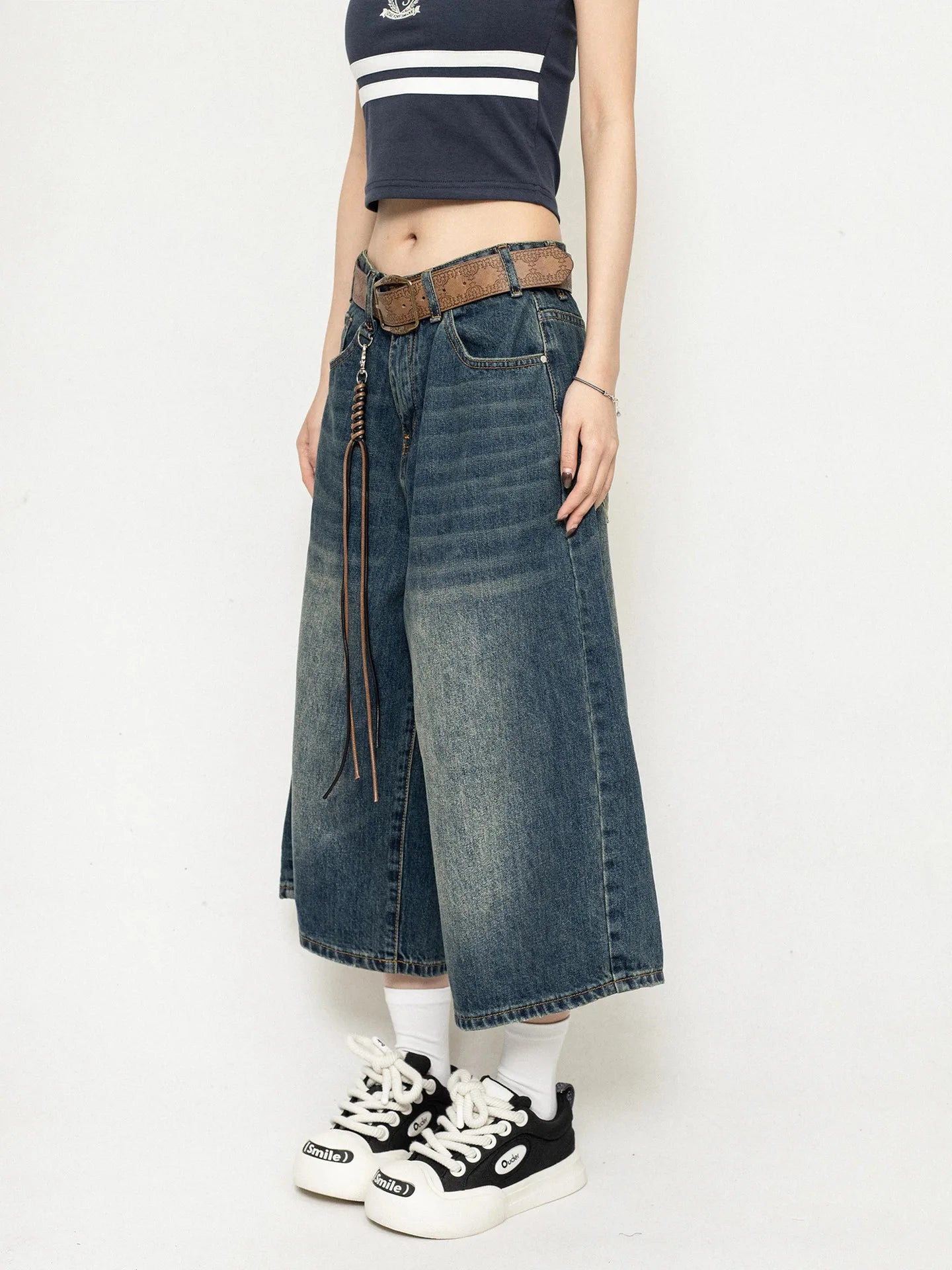 High Waist Black Retro Washed Denim Shorts Women's Harajuku Vintage Fashion Casual Loose Y2K Streetwear Mid Long Wide Leg Pants
