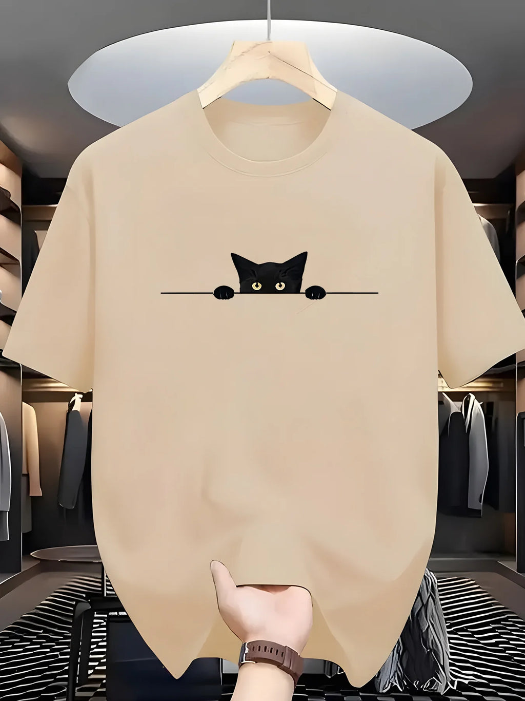Men's Summer 100% Cotton Fashionable Casual Loose Large Cute Cat Pattern Printed Round Neck Short Sleeve T-shirt Top