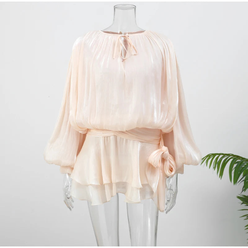 Female Fashion Long Flare Sleeves Lace Up Mini Dress Elegant Chiffon Ruffle High Waist Vestidos New 2025 Autumn Woman Party Wear
