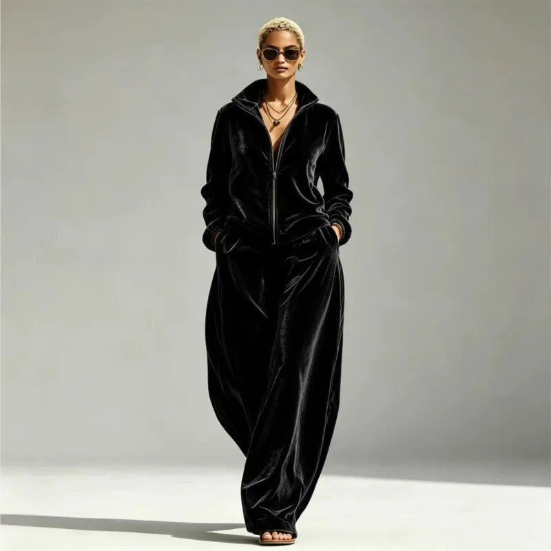 Autumn Winter Warm Gold Velvet Two Piece Set Women's Fashion Solid Zipper Open Coat With Wide Leg Pants Set Ladies Office Outfit