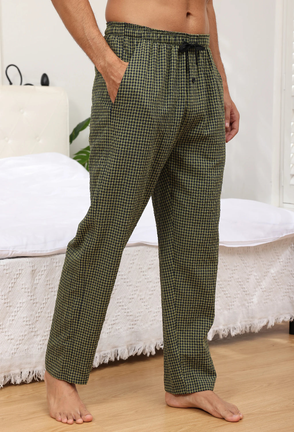 3Pcs Men's 100% Cotton Plaid Pajama Sleeping Pants, Long Plaid Print Sleepwear Pajama Pants with Elastic Waist Homewear