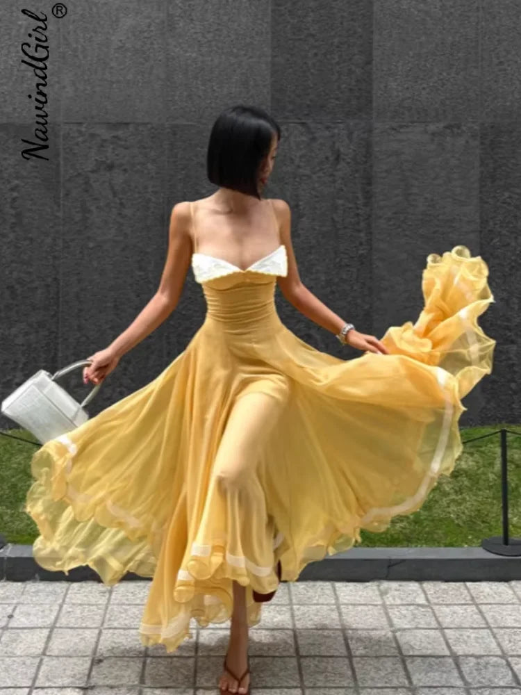 Elegant Pleated Women's Dress Sleeveless Backless Patchwork Waist-Closed Ruffle Hem Sling Maxi Dresses 2026 Summer Female Robe