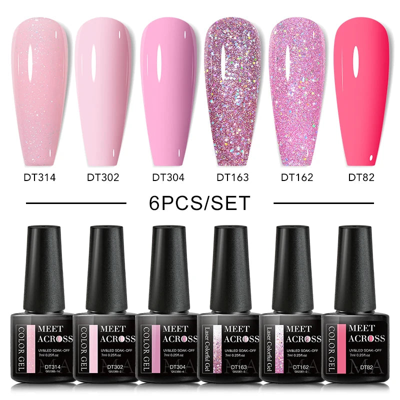 MEET ACROSS 6/8Pcs Set Glitter Gel Nail Polish Autumn Winter Nail Art Varnishes Semi Permanent Soak Off UV Gel Kit Nails Lacquer