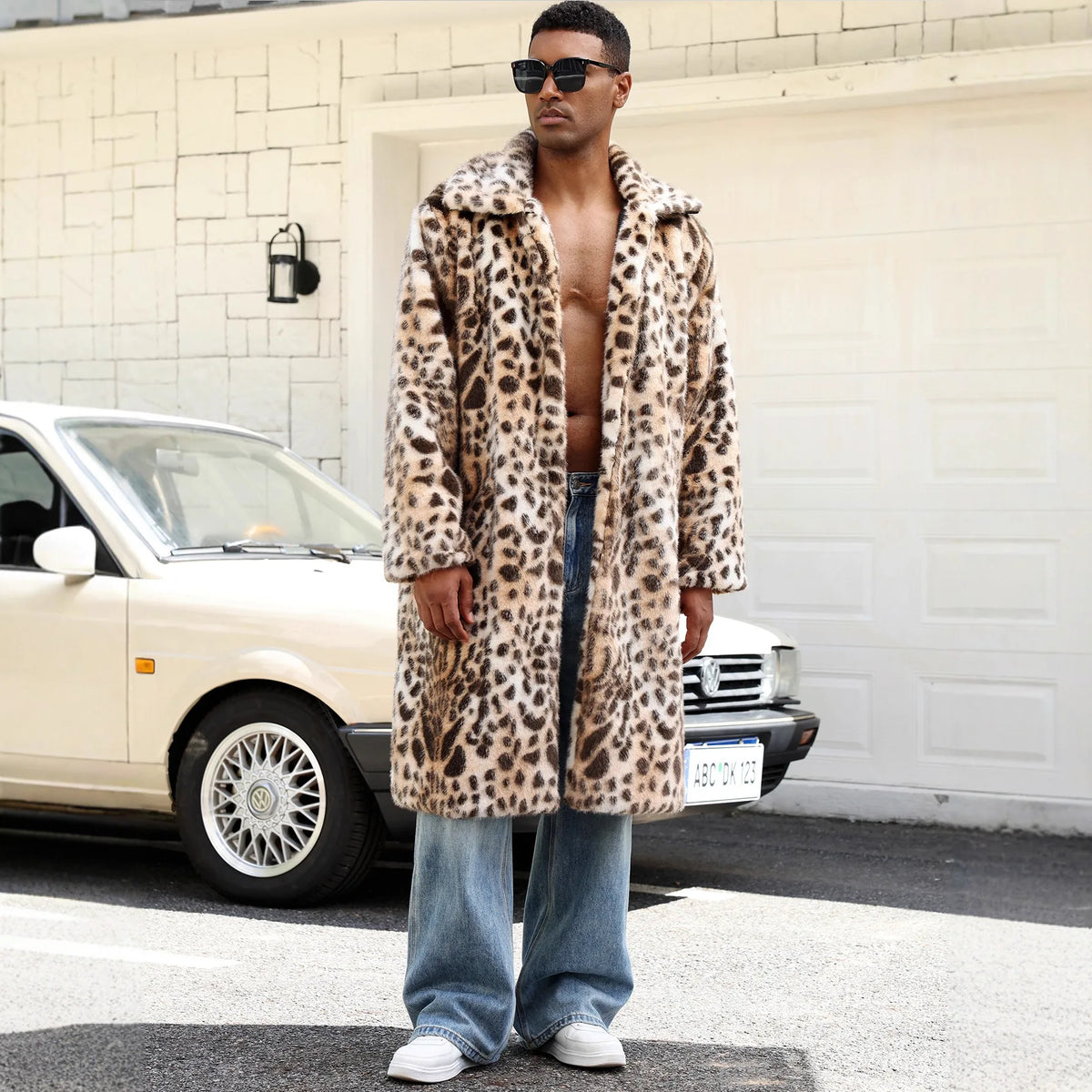 Men Faux Fur Coats Leopard Jackets Color Blocked Turn Down Collar Long Sleeve Single Breasted Straight Casual 2025 Autumn Winter