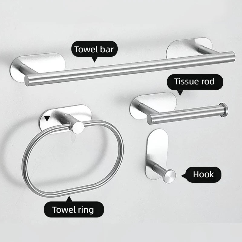 4pcs Bathroom Punch-free Towel Bar Set Stainless Steel Bathroom Hardware Wall-mounted Towel Rack Hook Tissue Holder