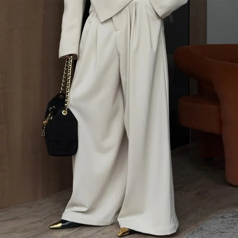 Solid Women Officewear Lapel Pockets Long Sleeve One Button Cinched Waist And Wide Leg Pant Fashion Lady Streetwear Commute 2026