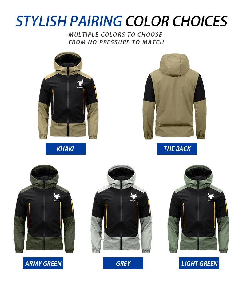 Men's Windproof Waterproof Hooded Jackets Big Pockets High Street Print Outdoor Windbreaker Coat for Hiking Trekking Streetwear