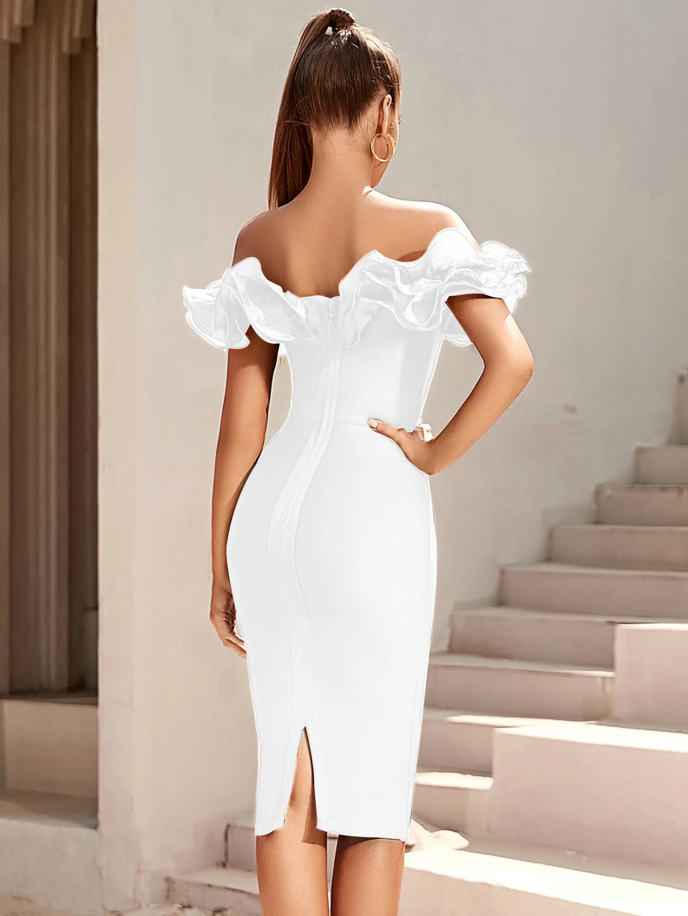 Women's Off Shoulder Bandage Midi Dress Luxury Design Ruffled  Elegant Black Sleeveless Ruffled Sexy Club Party Evening Dresses