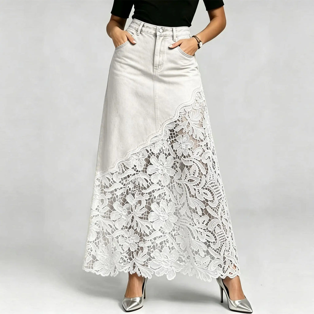Washed Denim Lace Trim Pencil Skirt Long Bodycon Skirts Spring Summer