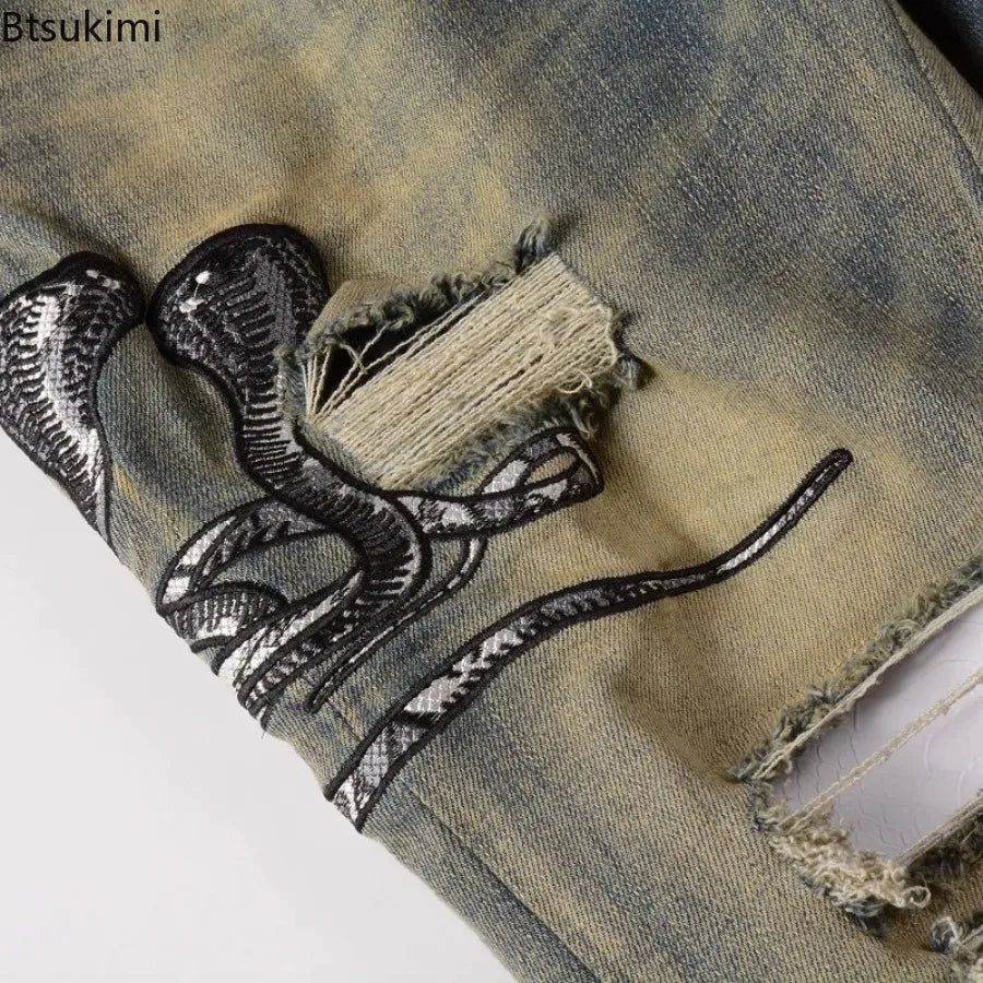 2026 New Men's Fashion Snake Embroidery Denim Jeans Vintage Blue Snakeskin Leather Patch Stretch Pants Skinny Tapered Trousers