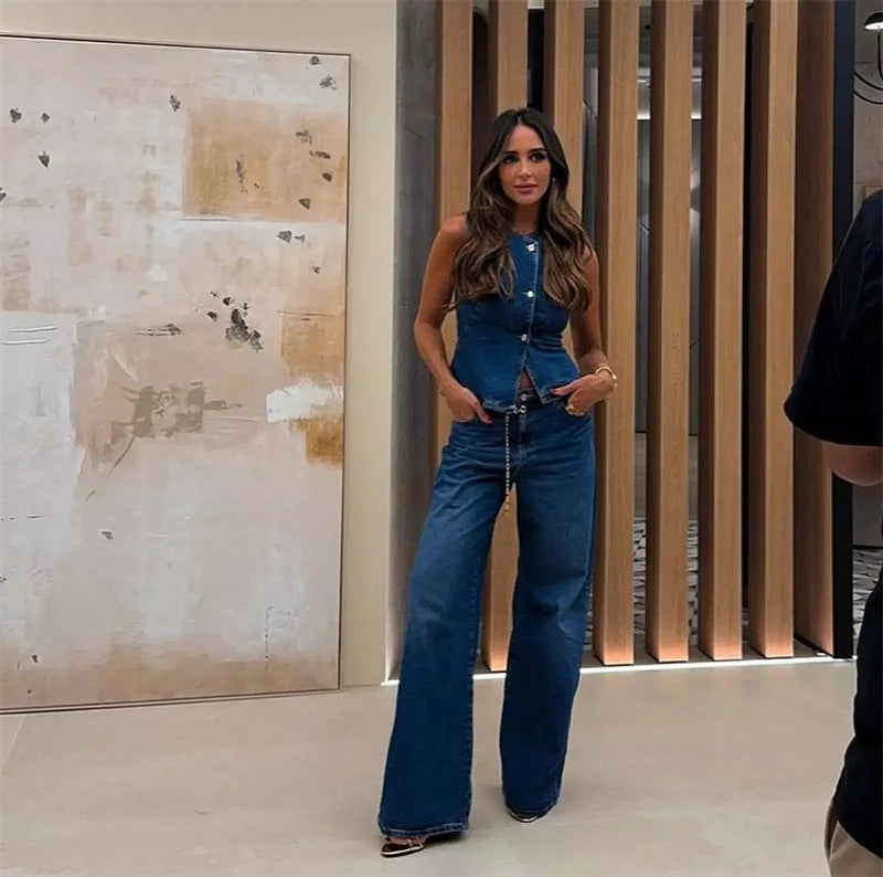 Streetwear Denim 2 Piece Sets Women Outfit Spring Summer Women 2025 Sleeveless Vest Top Wide Leg Pants Sets Jeans Two Piece Set