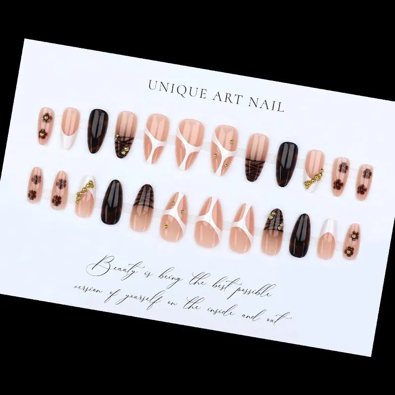 24PCS French Leopard Print Press on Nails Autumn Golden Pearl Brown Flowers Almond False Nails for Women Wearable Nail Manicure