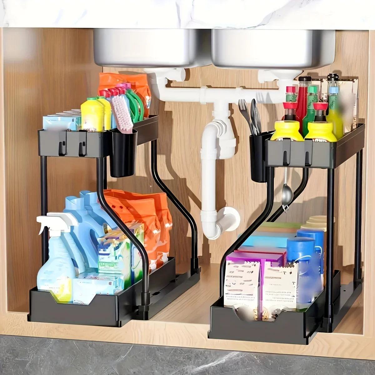 Space Saving 2 Tier Under Sink Organizer,Pull Out Storage Box Durable Large Capacity Kitchen Bathroom Essential Drawer Organizer