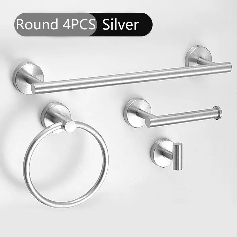 4pcs Bathroom Punch-free Towel Bar Set Stainless Steel Bathroom Hardware Wall-mounted Towel Rack Hook Tissue Holder