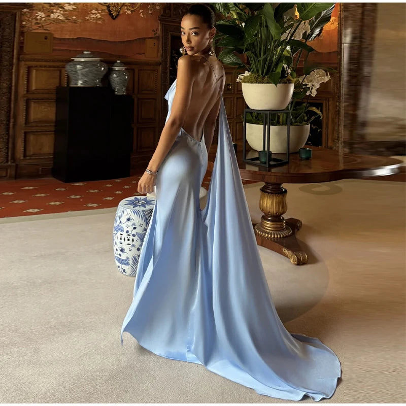 Backless Women Dress Satin Spaghetti Strap Maxi Dresses Back Tail Cowl Drape Front Neck Side Split Hem Elegant Evening Bodycon