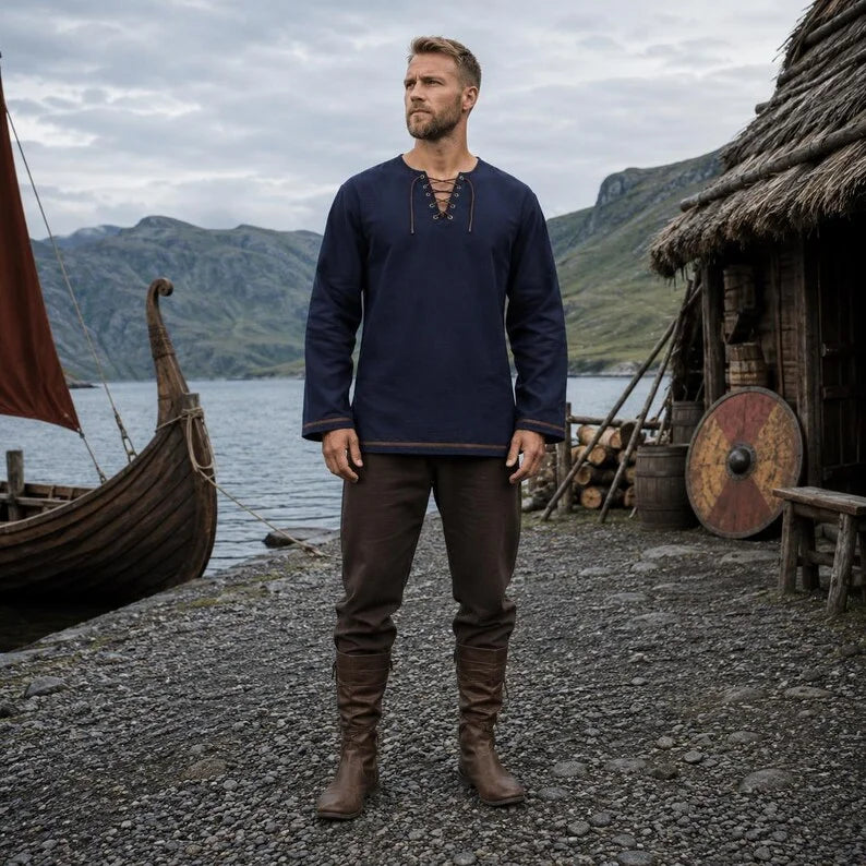 Men Medieval Lace Up Linen Long Sleeve Tunic Viking Pirate Renaissance Cosplay Shirt With Vintage Embossed Leather Belt