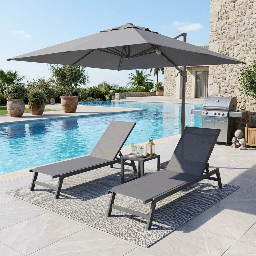 3PCS Aluminum Teslin Sun Lounger Set With Side Table Adjustable Backrest Outdoor Chaise Lounge Pool Garden Beach Hotel Sunbed