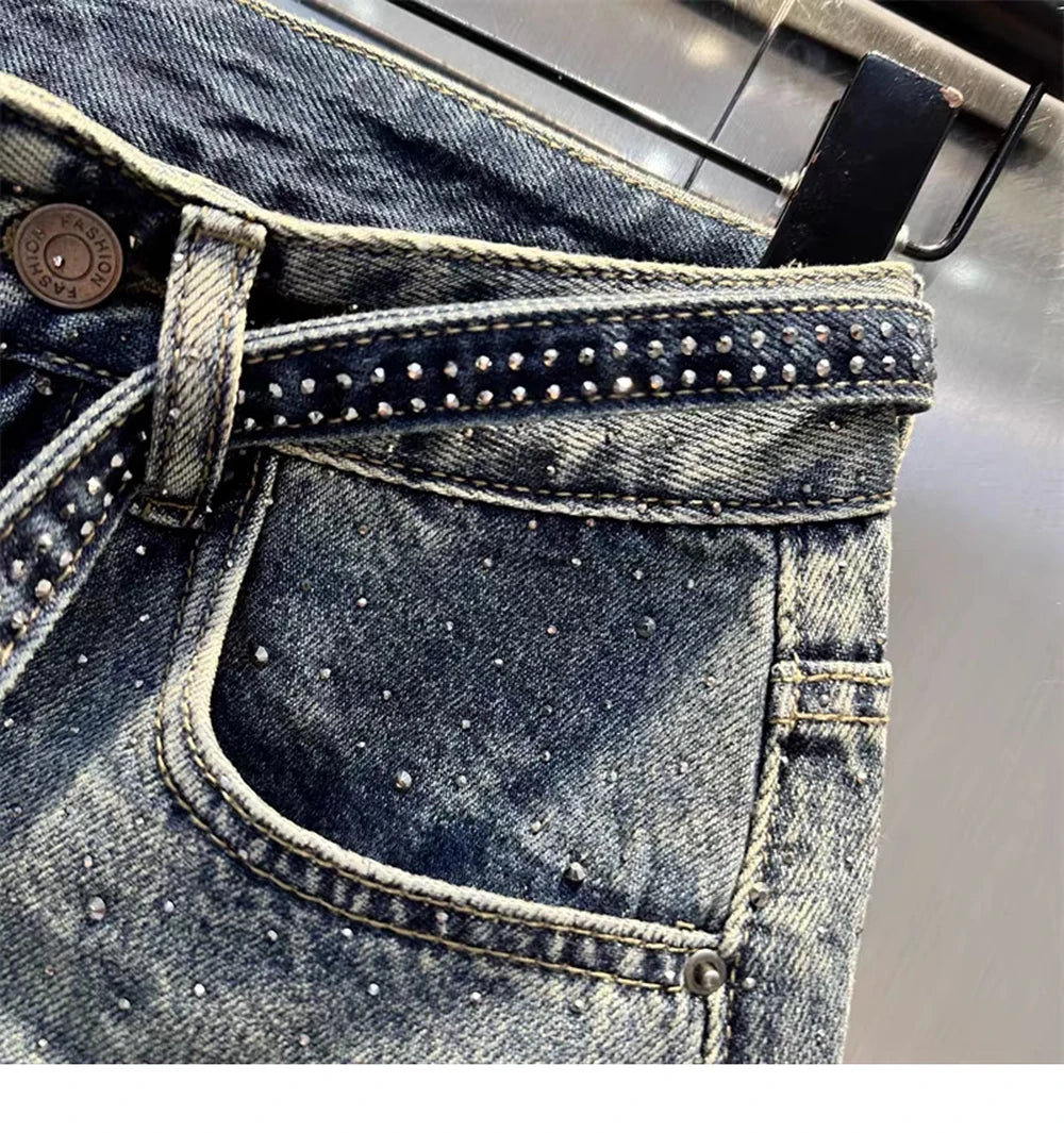 Oversize Retro Diamond Denim Mini Skirt for Women Summer High Waist Shiny Rivet Slim Skirts Gradient Black Grey Jean Skirts