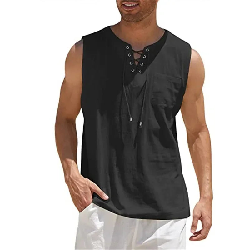 New 2026 Men's Casual Cotton Linen Tank Tops Men Drawstring V Neck Sleeveless Shirts Summer Casual Shirt Gym Fitness Vest Tops