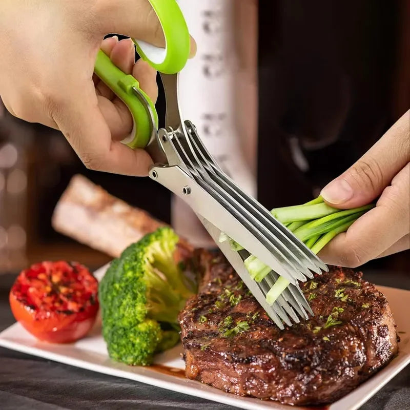 Herb Scissors Stainless Steel 5 Blade Kitchen Shears Household Vegetable Cutter with Cover Multifunctional Kitchen Gadgets