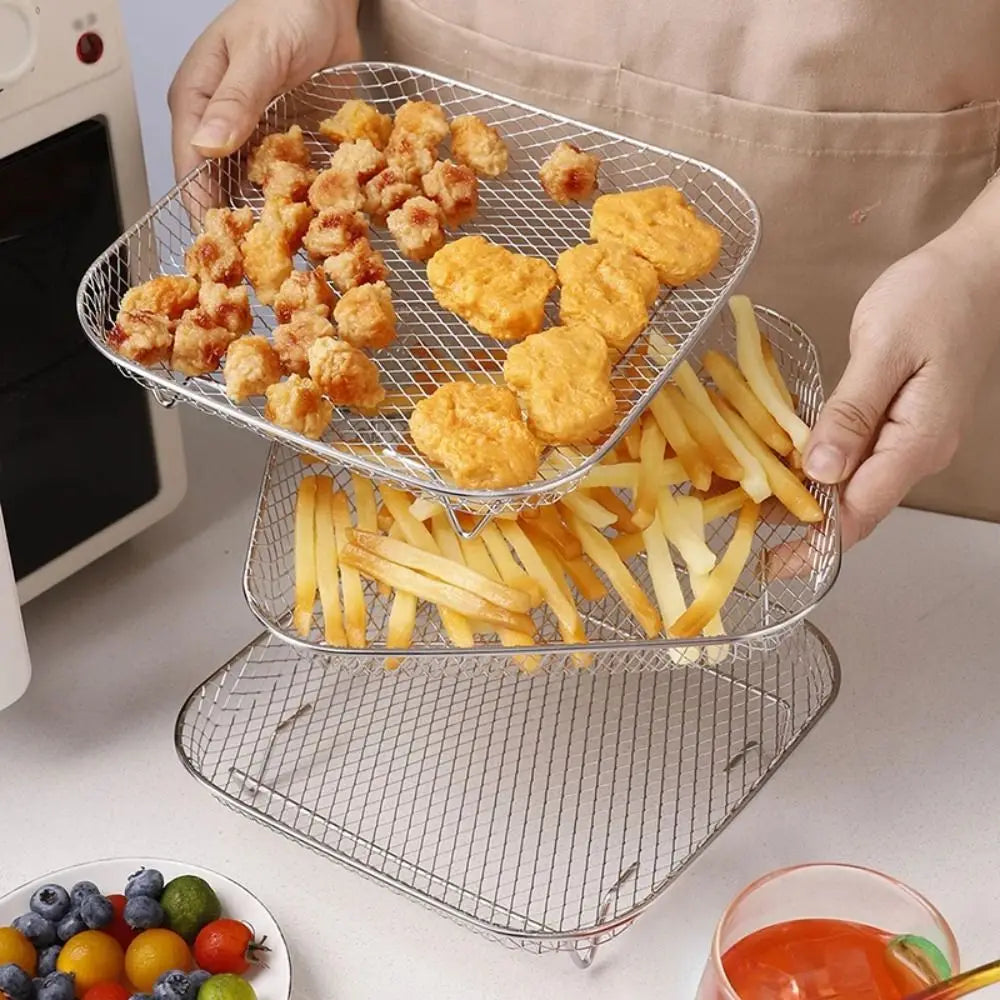 New Stackable Air Fryer Rack Non-Stick Stainless Steel Grilling Rack Airfryer Tray Grill Basket Durable Kitchen Gadgets