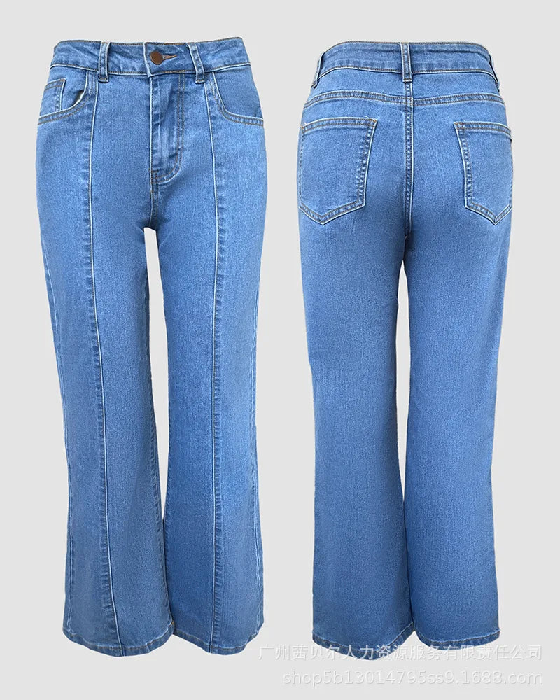Women Spring Autumn Jeans Solid Color Button Wide Leg Pants High Waist Casual Fashion Comfortable Regular Standard Fit Trouser