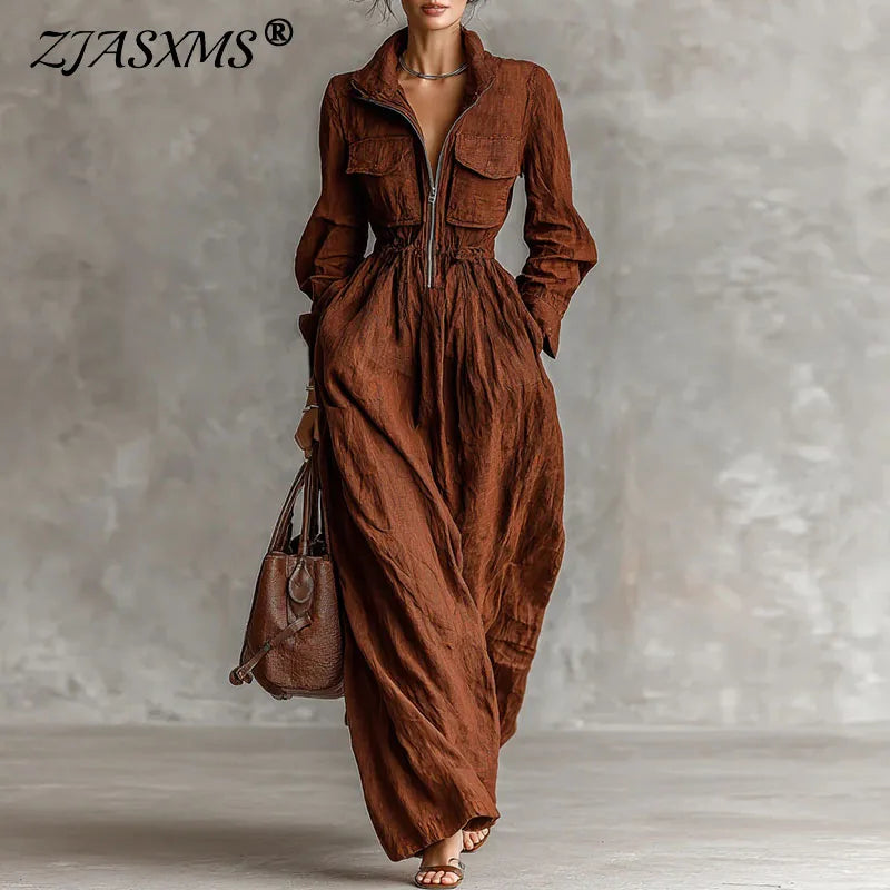 Women Lapel Zip Cargo Pocket Long Dress New Spring Solid Cotton Linen Maxi Dress Fall Long Sleeve Elastic Waist Loose Boho Dress