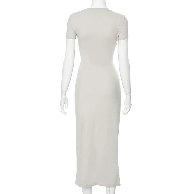 2025 Women Solid Color Slim Short Sleeve Casual Pullover Sumer Long Dress Skinny Sexy Daily Dress