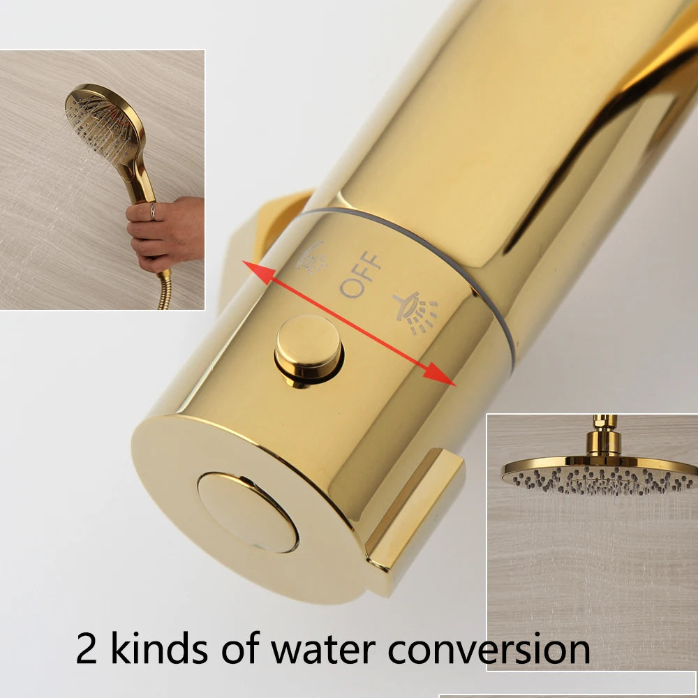 KEMAIDI Bathroom Thermostatic Bathtub Shower Faucet Golden Plated  Rainfall 3 Ways Shower Head Mixer Shower Faucets Set