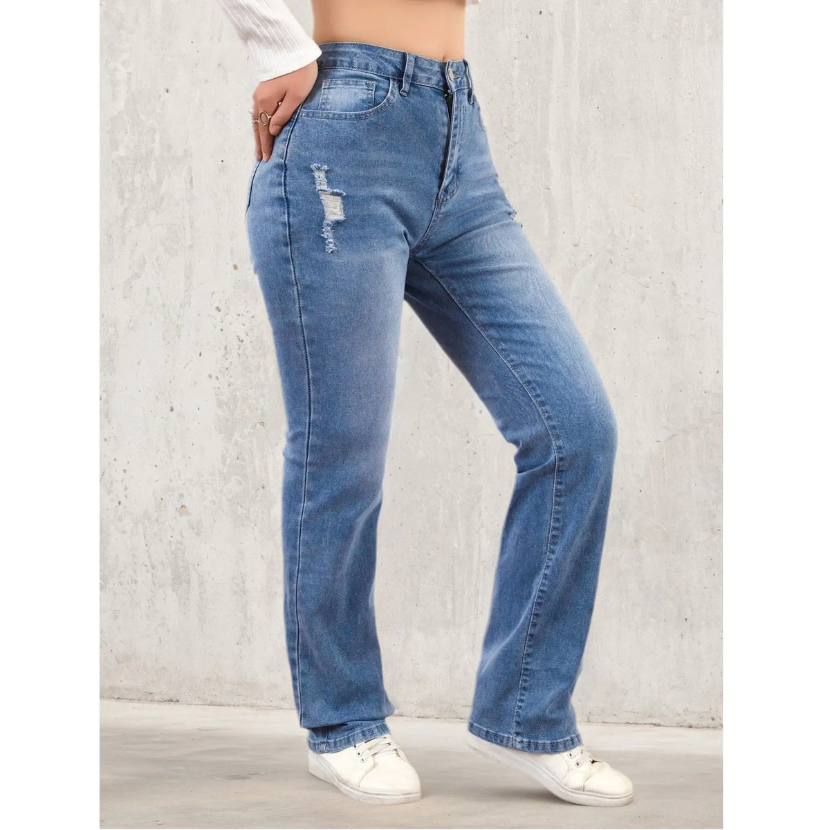 Women's denim pants suitable for all seasons light blue simple casual fashionable versatile elastic perforated flared pants