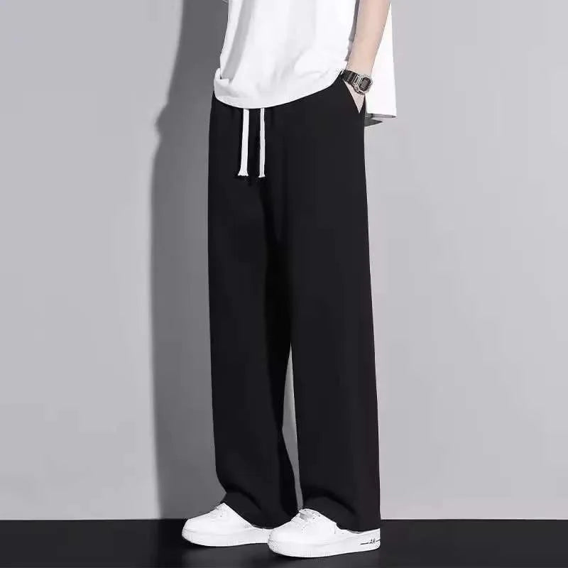 Men's Casual Straight Leg Drawstring Sweatpants Versatile Leisure Long Trousers Student Sports Pants Polyester Fiber Elastic