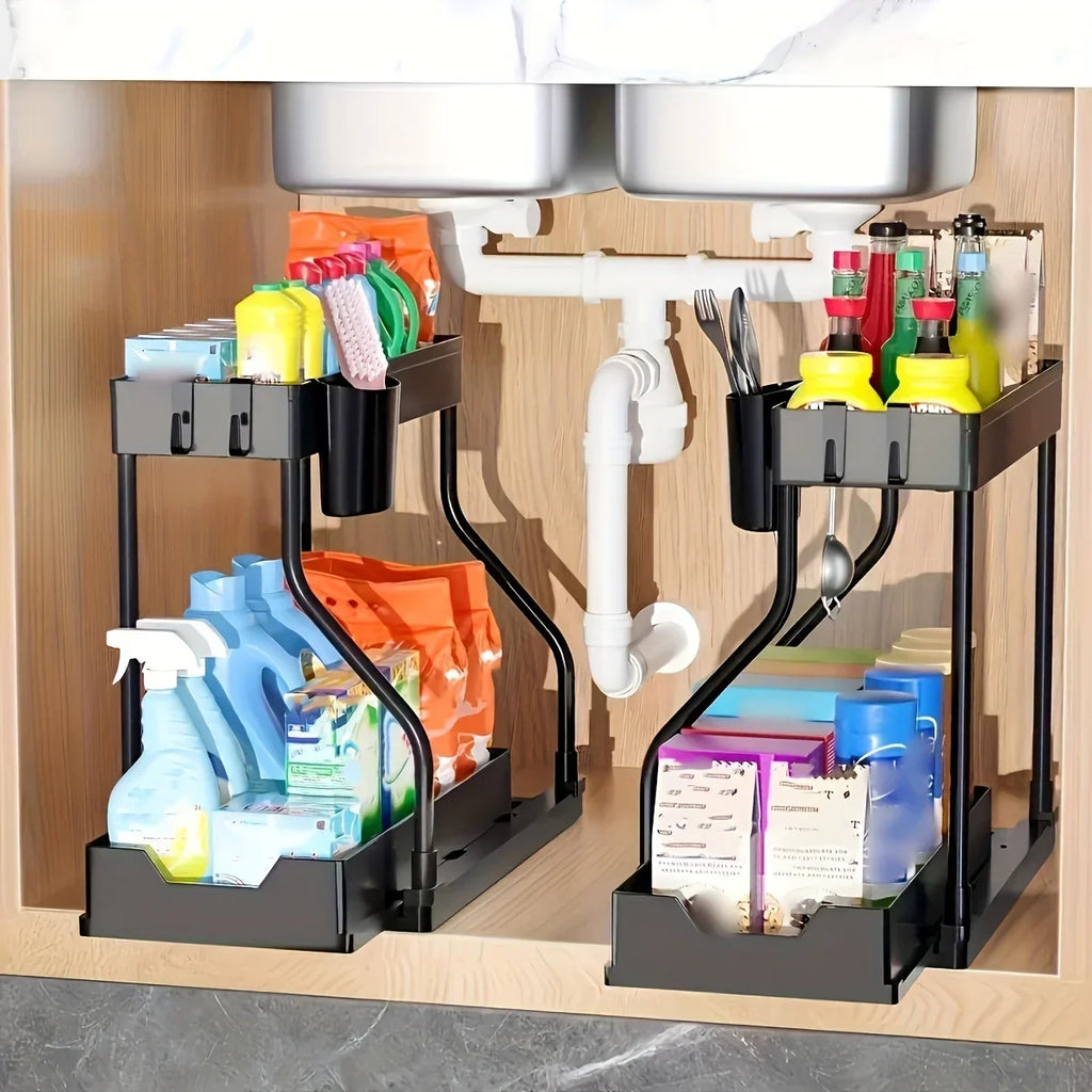Space Saving 2 Tier Under Sink Organizer,Pull Out Storage Box Durable Large Capacity Kitchen Bathroom Essential Drawer Organizer